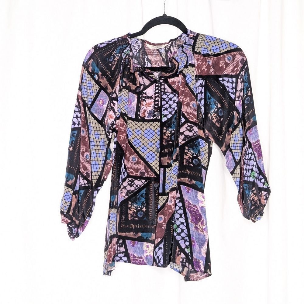 Tucker The Classic Blouse Retro Patchwork Print Silk Crepe De Chine Relaxed NWOT